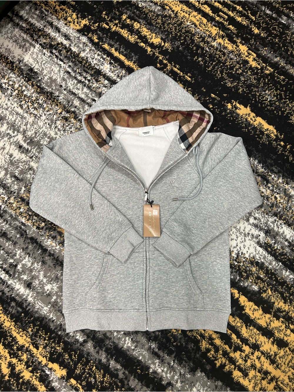 Burberry Gray Hoodie with Signature Check-Lined Hood